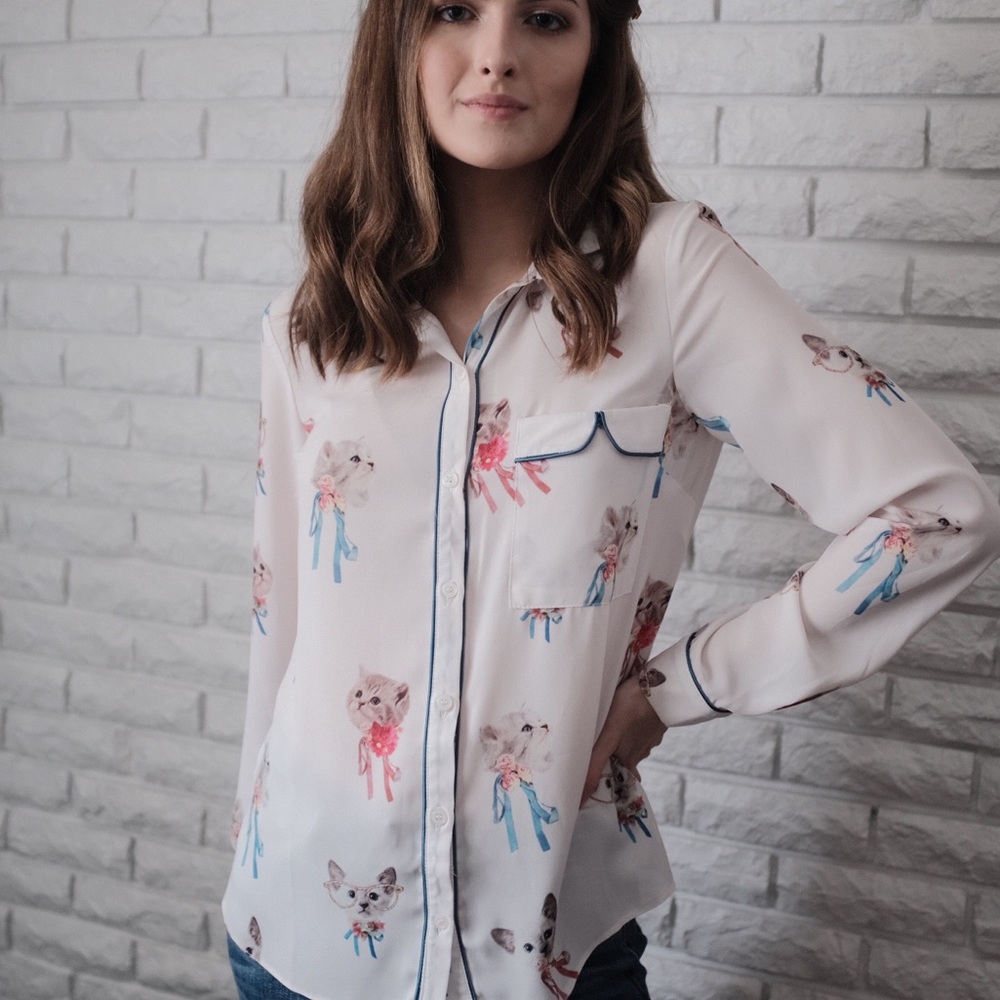 Asos Fancy Cat Print Button Up Blouse